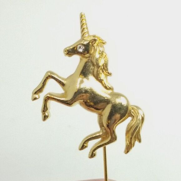 Vintage Unicorn Stick Pin, Gold Tone Rhinestone Eye Magical Creature Brooch - Picture 4 of 7
